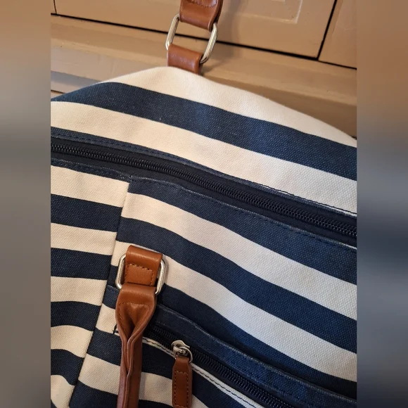 Lovevook Striped Blue and White Weekender Bag with Tan Accents - Picture 11 of 16